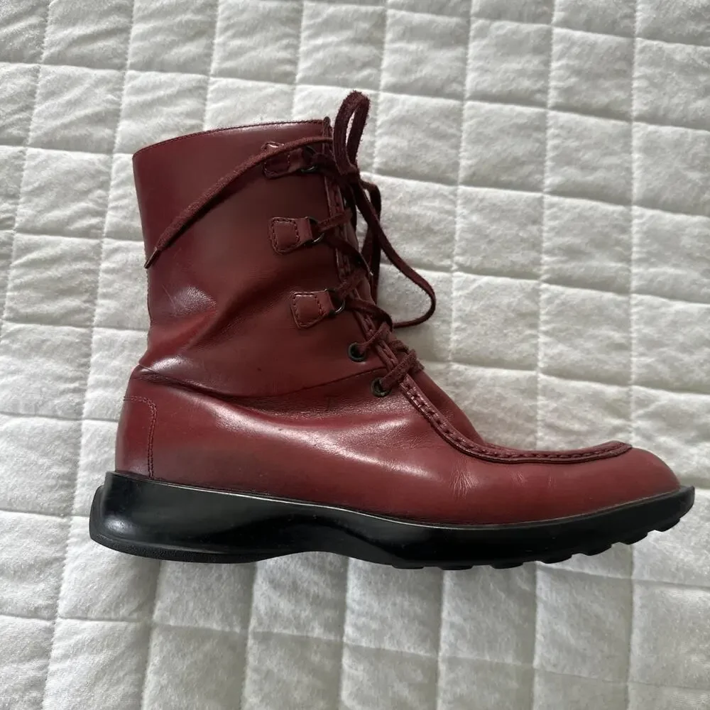TODS Boots Womens 38 US 8 Red Leather Lace Up Combat Ankle Wedge Low Heel - Picture 9 of 14